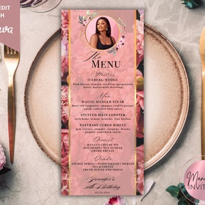 Edytowalny obraz Blush Pink Floral Menu Card Template, Wydrukuj kartę menu imprezy Drink, Dekoracja menu urodzinowego stołu, Natychmiastowe pobieranie