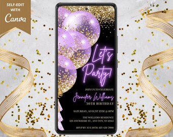 Digitale Lila Violet Gold Ballons Geburtstagsparty Einladung, elektronische Text einladen, Neon Let's Party, bearbeitbare Vorlage, Sofortiger Download