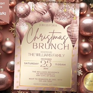Editable Elegant Glam Pink Rose Gold Christmas Brunch Invitation, Women&#39;s Holiday Breakfast, Printable Canva Template, Instant Download