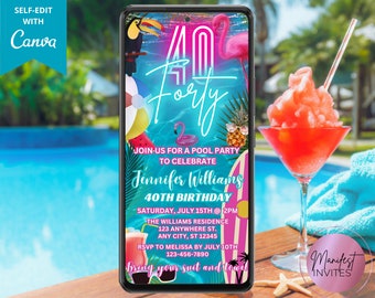 Digital Forty 40th Birthday Pool Party Invitation, Tropical Luau Beach Party, Electronic Phone Evite, Editable Template, Instant Download