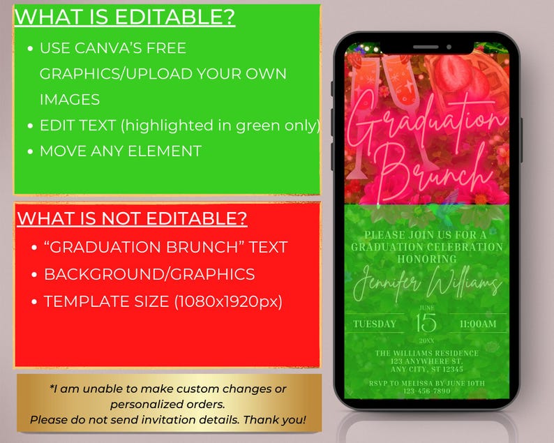 May include: A smartphone screen shows a graduation brunch invitation. The design uses pink and green hues, with the words "Graduation Brunch" prominently displayed. The invitation includes the honoree's name, date, time, and location. Text details editability.