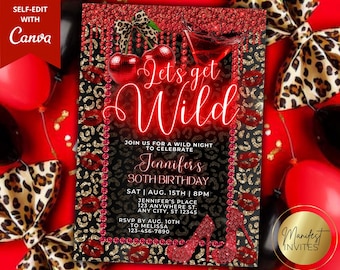 Editable Cheetah Cherry Let's Get Wild Birthday Party Invitation, Printable Glam Girls Night Out, Leopard Martini, Editable Canva Template