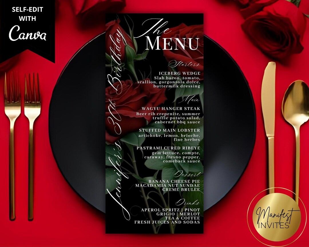 Editable Elegant Red Floral Roses Dinner Menu and Drink Card, Printable ...