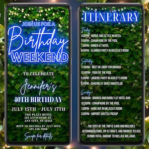 Digital Birthday Weekend Blue Neon Greenery Schedule Itinerary Party Invitation, Phone Text Evite, Editable Template, Instant Download