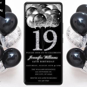 Digital 19th Birthday Black Silver Invitation, Electronic Text Message Evite, Diamond Glitter Balloons, Self-Edit Template, Instant Download