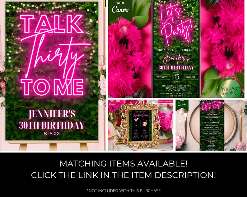 May include: A green and pink birthday party invitation with neon pink text that says "Let's Party!" and "Join us to celebrate Jennifer's 30th Birthday".
