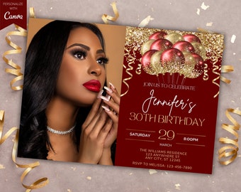 Editable Photo Red Gold Glitter Balloons Birthday Party Invitation, Printable Card and Phone Text Evite, Editable Template, Instant Download
