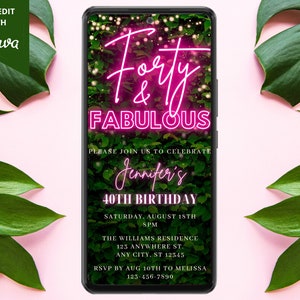 Digital Forty Fabulous 40th Birthday Party Invitation, Electronic Text Email Evite, Pink Neon Greenery, Editable Template, Instant Download