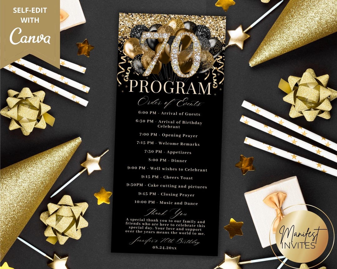 70th Birthday Program With Thank You Note, Glam Diamond Black Gold ...