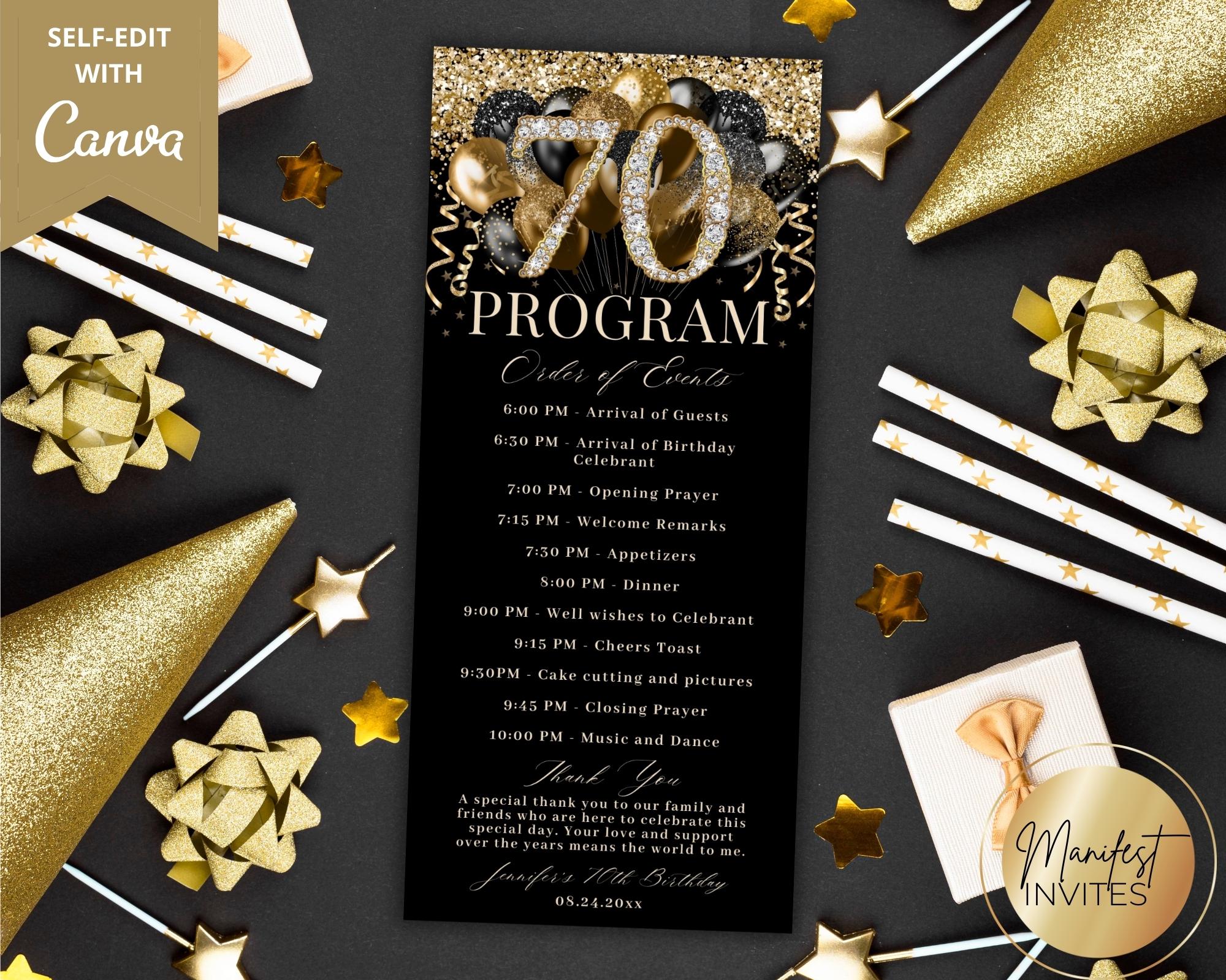 70th Birthday Program With Thank You Note, Glam Diamond Black Gold ...