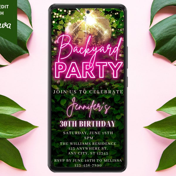 Digital Backyard Birthday Party Invitation, Electronic Phone Text Evite, Pink Neon Gold Disco Ball, Editable Template, Instant Download