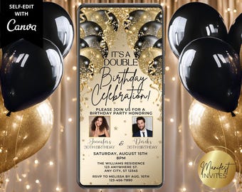 Digital Elegant Double Birthday Party Photo Invitation, Black Gold Glam Glitter Balloons, Text Evite, Editable Template, Instant Download