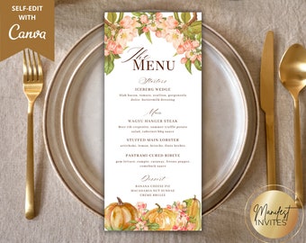 Editable Thanksgiving Dinner Menu Card Template, Printable Rustic Fall Holiday Thanksgiving Feast Menu, Floral Pumpkins, Instant Download