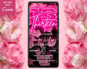 Digital inbjudan till 13-årsfest med rosa neonblommor för flickor, glamorös tonårsfödelsedagsinbjudan, telefoninbjudan, redigerbar Canvas-mall, PF01