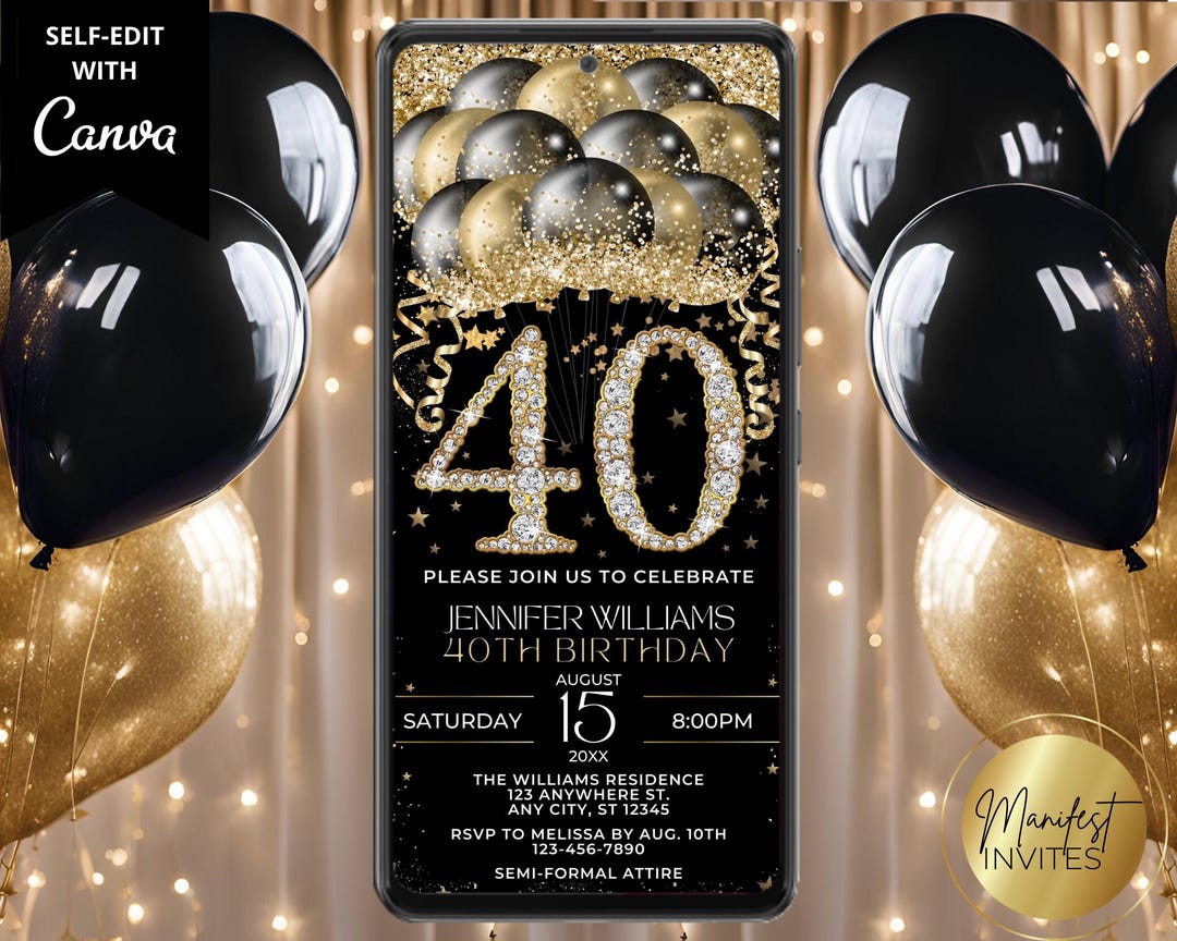 Digital Glam 40th Birthday Party Invitation, Elegant Diamond Black Gold ...