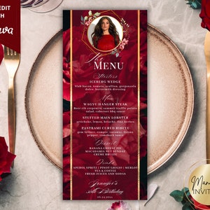 Editable Picture Red Floral Roses Menu Card Template, Printable Event Menu Drink Card, Birthday Retirement Table Menu, Instant Download