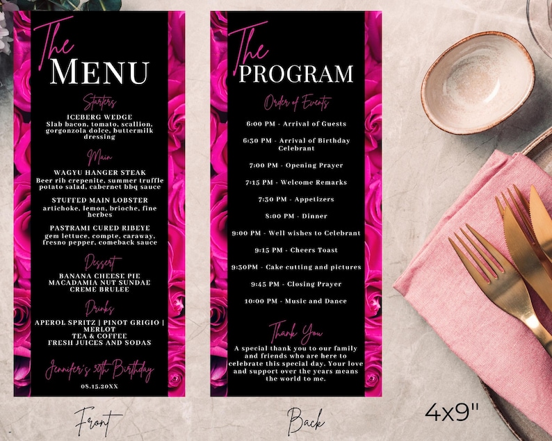 Editable Hot Pink Floral Roses Menu Program and Thank You Note Card ...