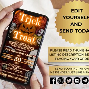 Digital Halloween Fun Friends and Family Trick or Treat Monsters Invitation, Fall Party, Phone Evite, Editable Template, Instant Download image 2