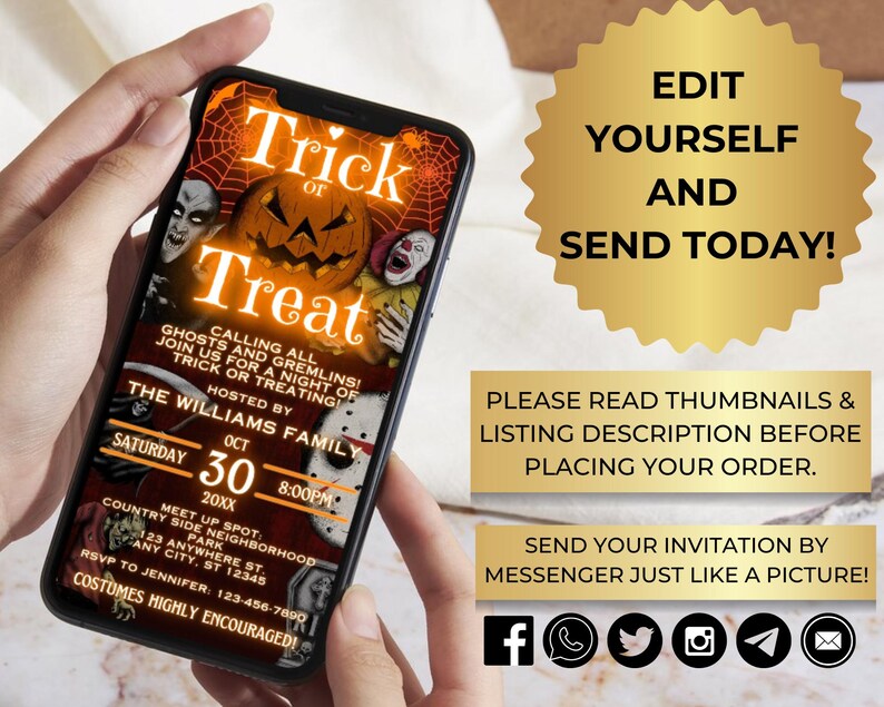 Digital Halloween Fun Friends and Family Trick or Treat Monsters Invitation, Fall Party, Phone Evite, Editable Template, Instant Download image 2