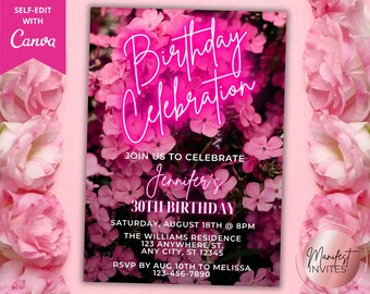 Editable Birthday Celebration Neon Pink Floral Birthday Party Printable Invitation, Digital Evite, Editable Template, Instant Download, PF01