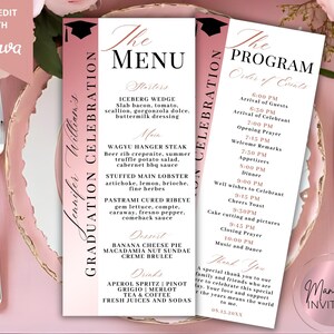 May include: A set of menu and program cards for a graduation celebration. The menu includes starters, main courses, desserts, and drinks. The program details the order of events, such as the arrival of guests and dinner. The cards are pink and white.