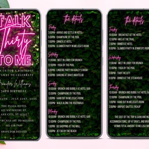 Electronic Talk Thirty To Me 30th Birthday Week Invitation, 7 Day Trip Itinerary, Pink Neon Greenery, Editable Template, Instant Download