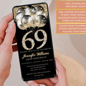 Digital 69th Birthday Party Invitation, Electronic Text Message Evite ...