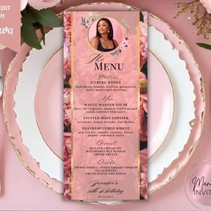 Edytowalny szablon karty menu z motywem różowego kwiatu, karta menu na imprezę do druku, dekoracja menu na urodzinowy stół, natychmiastowe pobranie