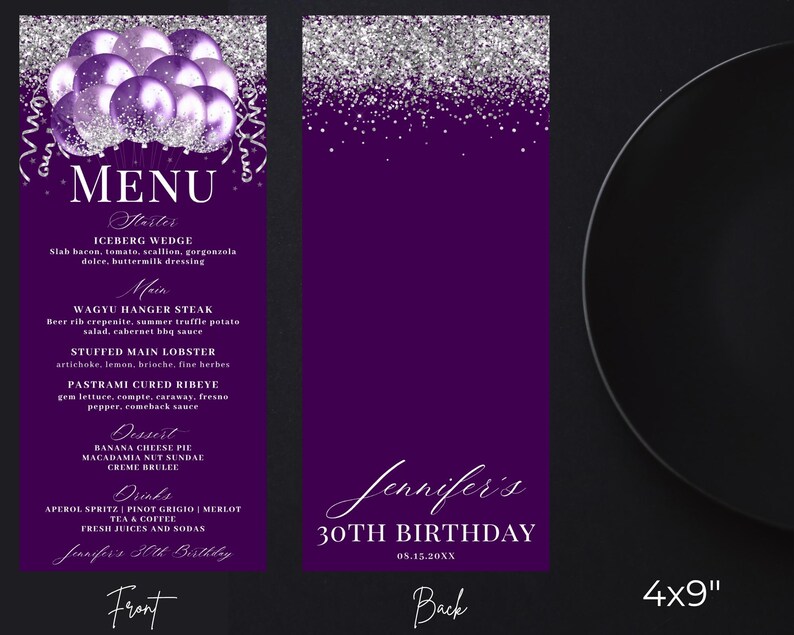 Graduation Puple Menu Card Editable Elegant Purple Silver Glitter Balloons Menu and Drink Card ...