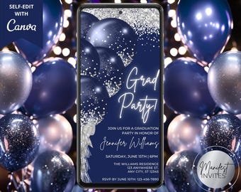 May include: A blue and silver graduation party invitation with a silver glitter background and blue balloons. The text on the invitation reads "Grad Party!" and includes the name "Jennifer Williams" and the date and time of the party. The invitation also includes the RSVP information.