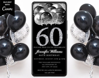 Digitale Schwarz Silber Einladung zum 60. Geburtstag, elektronische Textnachricht Evite, Diamant Glitzer Ballons, Vorlage zum selbst bearbeiten, Sofort Download