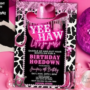 Editable Pink Disco Cowgirl Hoedown Birthday Party Invitation, Printable Glam Country Western Invite, Editable Template, Instant Download