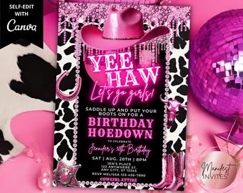 Editable Pink Disco Cowgirl Hoedown Birthday Party Invitation, Printable Glam Country Western Invite, Editable Template, Instant Download