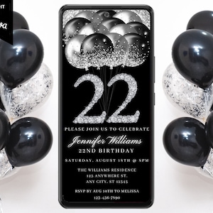 Digital 22nd Birthday Black Silver Invitation, Electronic Text Message Evite, Diamond Glitter Balloons, Self-Edit Template, Instant Download