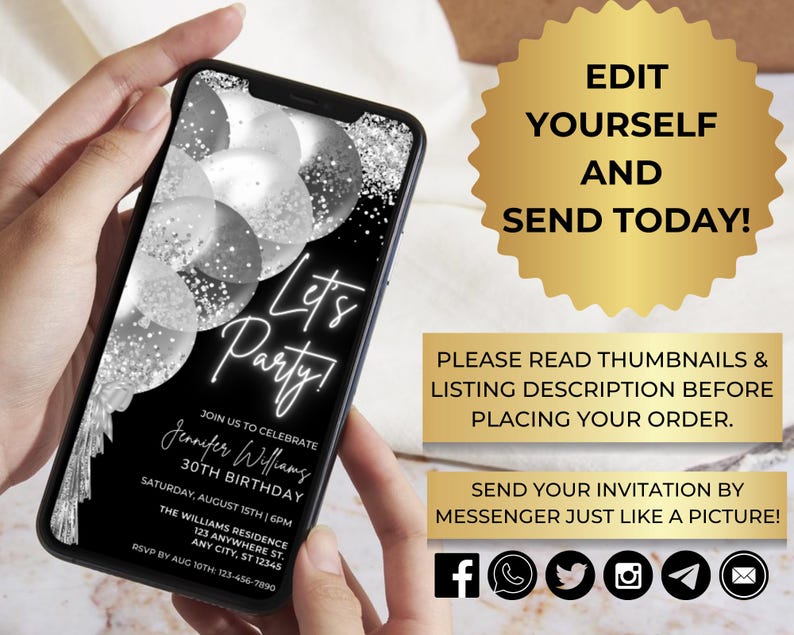 Digital Let's Party White Silver Balloons Birthday Party Invitation