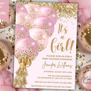 Faire-part de baby shower modifiable C&#39;est une fille ballons scintillants d&#39;or rose, brunch de bébé, invitation imprimable, modèle de toile, téléchargement immédiat