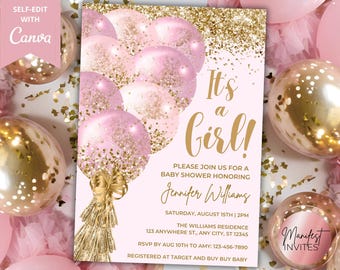 Może przedstawiać: Różowe i złote zaproszenie na baby shower z gromadą balonów i złotym brokatem. Tekst brzmi "It's a Girl!" i zawiera imię "Jennifer Williams".