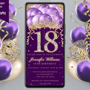Digital 18th Birthday Party Purple Gold Diamond Glitter Balloon Invitation, Electronic Phone Text Evite, Editable Template, Instant Download