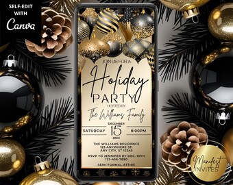 Digitale elegante zwartgouden ornamenten uitnodiging feest vakantie, kerstfeest, telefoontekst Evite, bewerkbare canvassjabloon, direct downloaden