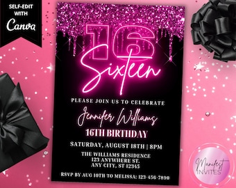 Editable Sixteen 16th Birthday Pink Glitter Drip Party Invitation, Sweet 16 Printable and Digital Evite, Editable Template, Instant Download