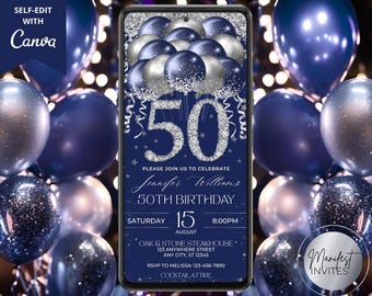 Puede incluir: Una plantilla de invitación digital para un 50 cumpleaños en la pantalla de un smartphone con globos azul marino y plateados con purpurina. El texto dice: Please join us to celebrate Jennifer Williams 50th birthday, 15 de agosto.