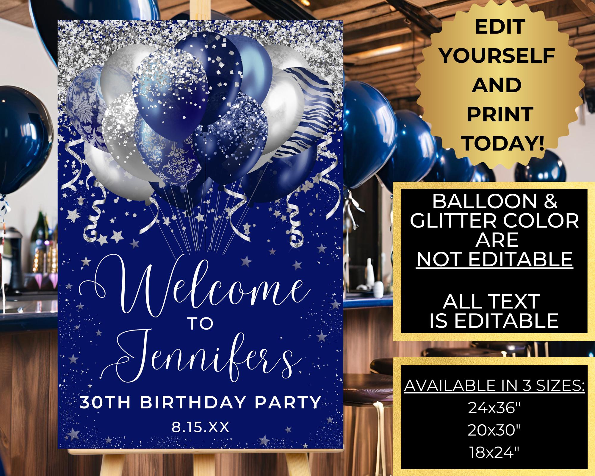 Editable Glam Blue Silver Glitter Balloons Birthday Party Welcome Sign ...