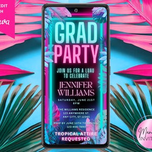 Digital Tropical Graduation Luau Party Invitation, Summer Party, Grad Announcement, Text Evite, Editable Template, Instant Download PTT2