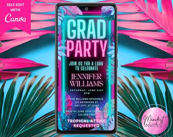 Puede incluir: Un smartphone muestra una vibrante invitación a una fiesta de graduación luau. El diseño presenta el texto "GRAD PARTY" en colores neón, con acentos de follaje tropical. La invitación incluye detalles del evento y el texto "Tropical Attire Requested."