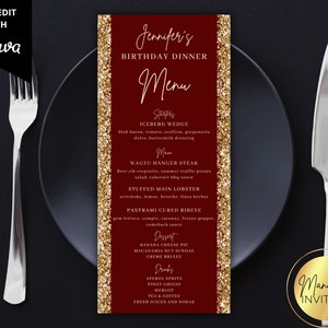Editable Red Gold Glitter Birthday Dinner Menu Card, Printable Dinner Party and Drink Menu Card, Editable Template, Instant Download