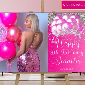 Modèle photo modifiable joyeux anniversaire ballons roses argentés Panneau de bienvenue, affiche imprimable, décoration de fête, modèle modifiable, téléchargement immédiat