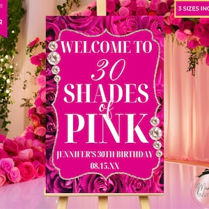 Bearbeitbares Rosa Farbtöne Geburtstagsparty Willkommensschild, Rosa Blumenrosen Diamanten, druckbares Party Poster, Canva Vorlage, sofortiger Download Bild 1