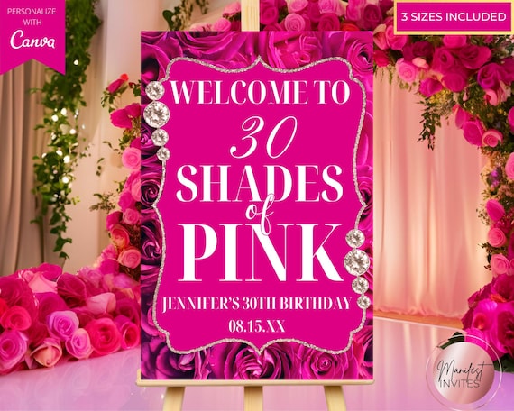 Editable Shades of Pink Birthday Party Welcome Sign, Pink Floral Roses Diamonds, Printable Party Poster, Canva Template, Instant Download