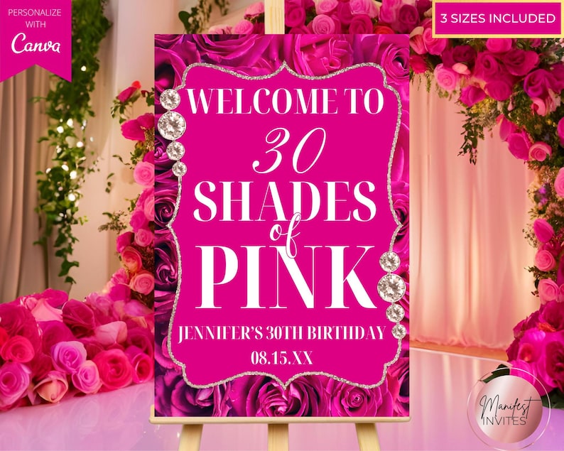Bearbeitbares Rosa Farbtöne Geburtstagsparty Willkommensschild, Rosa Blumenrosen Diamanten, druckbares Party Poster, Canva Vorlage, sofortiger Download Bild 1