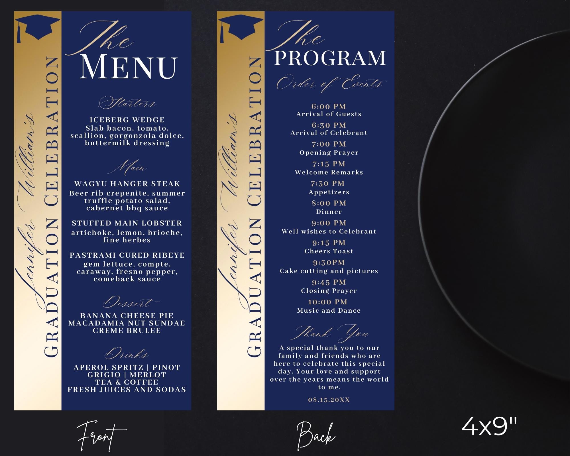 Editable Elegant Blue Gold Graduation Menu Program & Thank You Card ...